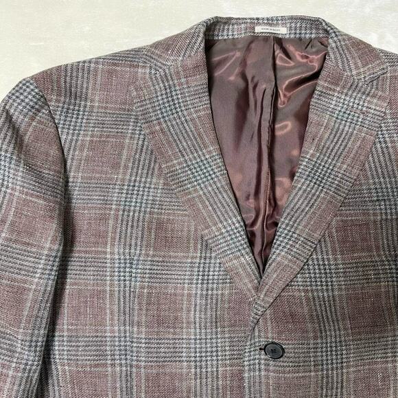 Joseph Abboud Linen Blazer Men's 44R Gray Rose Quartz Plaid Jacket Elevated Wool - Picture 2 of 11